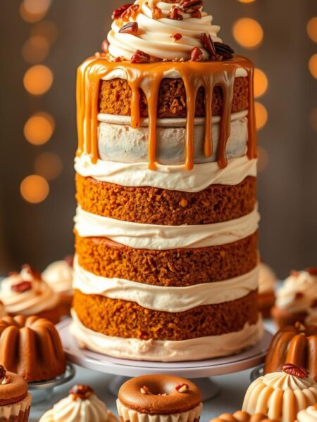 A towering Iced Pumpkin Latte Layer Cake takes center stage, its layers of moist pumpkin spice cake infused with rich pumpkin latte cream, frosted with silky smooth pumpkin buttercream. Delicate sprinklings of chopped candied pecans and a drizzle of caramel sauce add enticing texture and flavor. In the background, an array of smaller pumpkin latte desserts - mini bundt cakes, macarons, and tartlets - surround the cake, creating an elegant and mouthwatering display. Warm, golden lighting highlights the autumnal hues, while a subtle bokeh effect softens the edges, conveying a cozy, indulgent atmosphere.