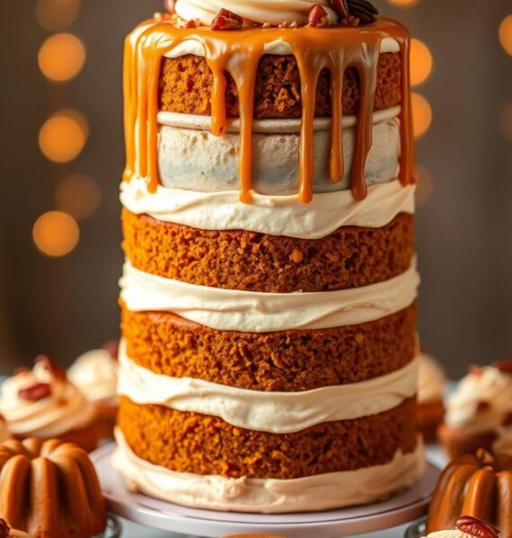 A towering Iced Pumpkin Latte Layer Cake takes center stage, its layers of moist pumpkin spice cake infused with rich pumpkin latte cream, frosted with silky smooth pumpkin buttercream. Delicate sprinklings of chopped candied pecans and a drizzle of caramel sauce add enticing texture and flavor. In the background, an array of smaller pumpkin latte desserts - mini bundt cakes, macarons, and tartlets - surround the cake, creating an elegant and mouthwatering display. Warm, golden lighting highlights the autumnal hues, while a subtle bokeh effect softens the edges, conveying a cozy, indulgent atmosphere.