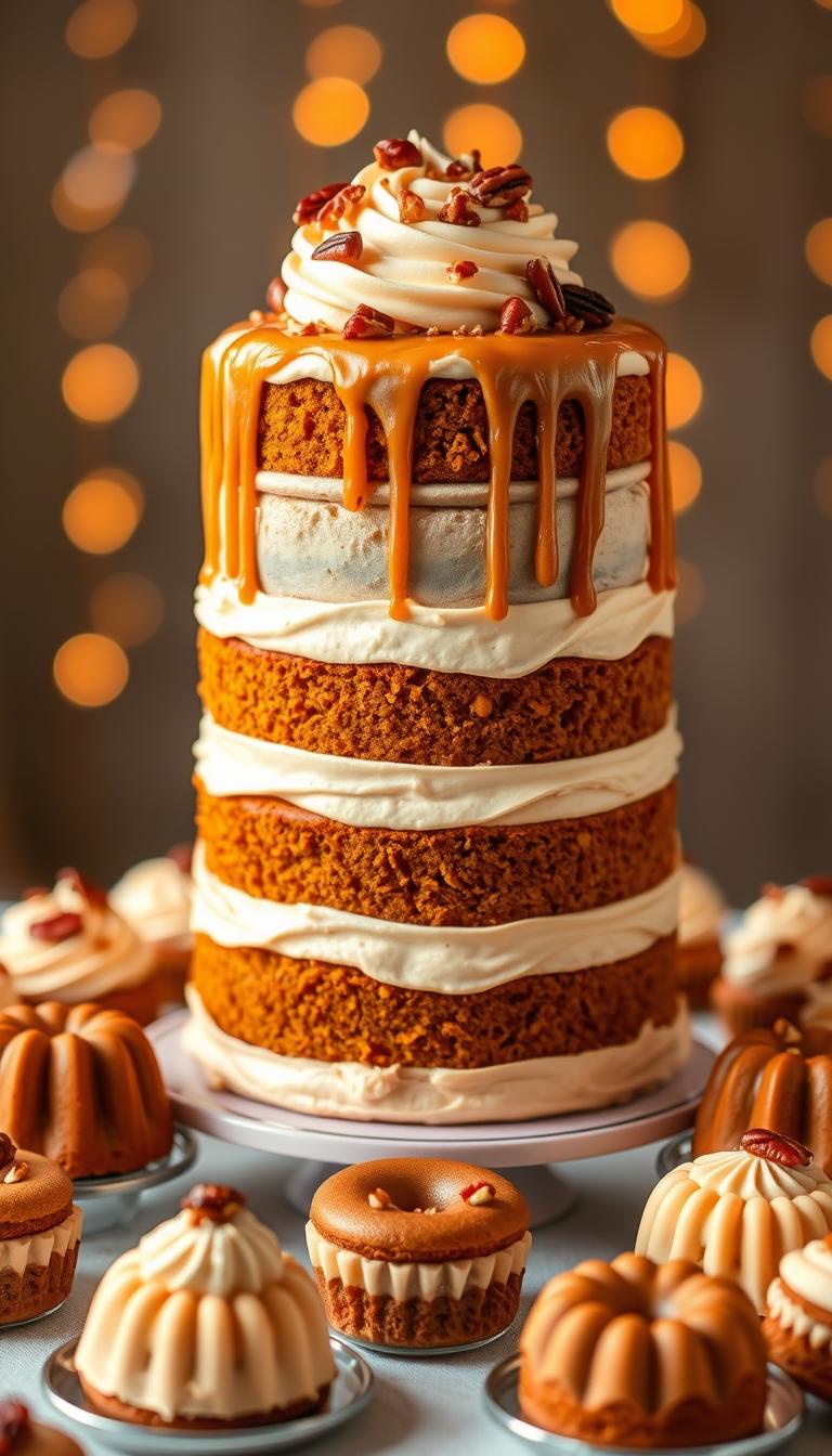 A towering Iced Pumpkin Latte Layer Cake takes center stage, its layers of moist pumpkin spice cake infused with rich pumpkin latte cream, frosted with silky smooth pumpkin buttercream. Delicate sprinklings of chopped candied pecans and a drizzle of caramel sauce add enticing texture and flavor. In the background, an array of smaller pumpkin latte desserts - mini bundt cakes, macarons, and tartlets - surround the cake, creating an elegant and mouthwatering display. Warm, golden lighting highlights the autumnal hues, while a subtle bokeh effect softens the edges, conveying a cozy, indulgent atmosphere.