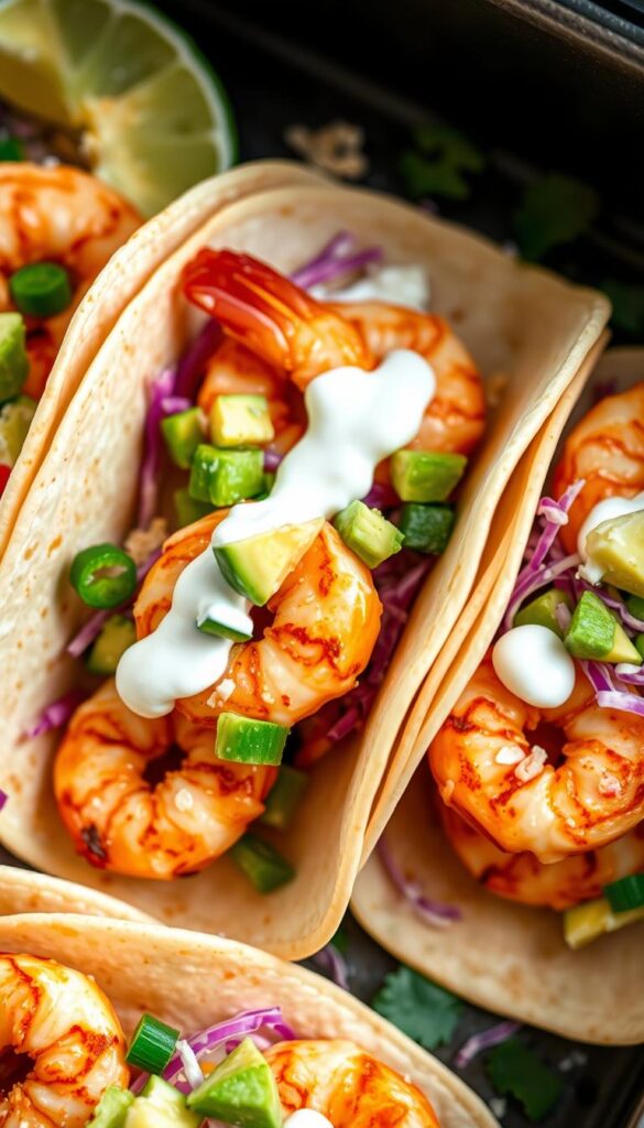 A tray of freshly prepared air fryer shrimp tacos, presented in a soft tortilla shell and garnished with vibrant toppings. The shrimp are perfectly crisp on the outside, while tender and juicy within, glistening under warm studio lighting. Diced avocado, shredded cabbage, and a drizzle of creamy lime crema add pops of color and texture. The composition is shot from a high angle, showcasing the taco's delectable layers and inviting the viewer to imagine the flavors. An appetizing, mouthwatering scene that captures the essence of a quick, easy, and delicious air fryer dinner.