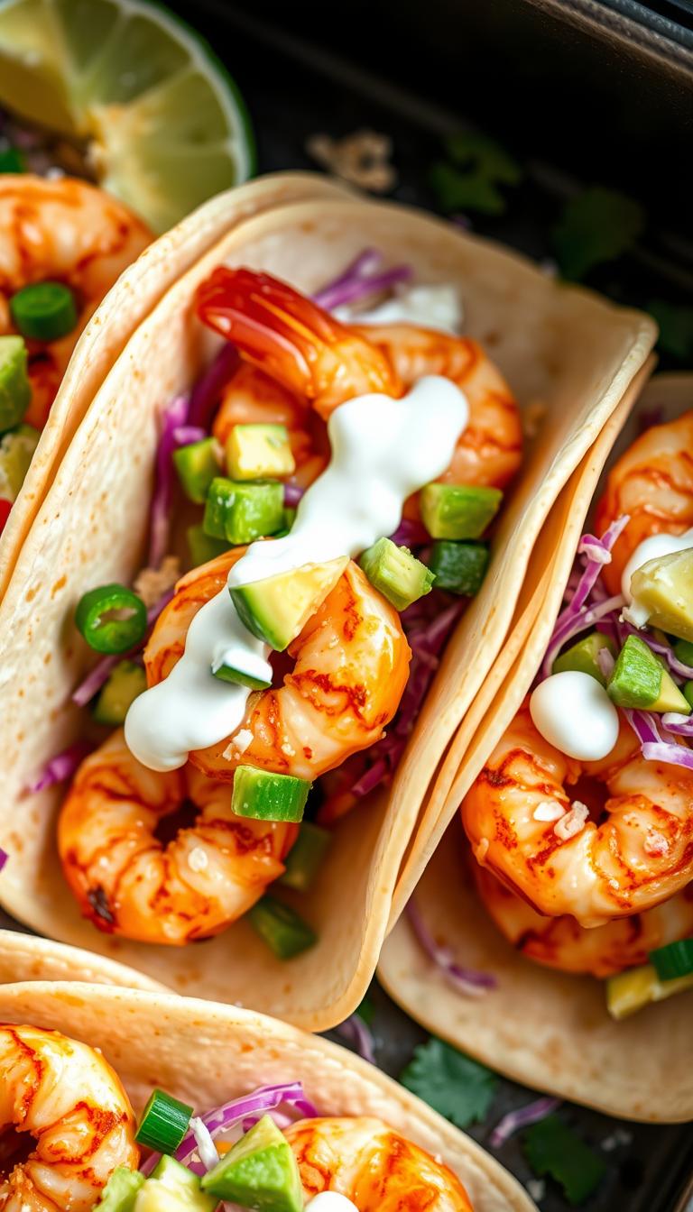A tray of freshly prepared air fryer shrimp tacos, presented in a soft tortilla shell and garnished with vibrant toppings. The shrimp are perfectly crisp on the outside, while tender and juicy within, glistening under warm studio lighting. Diced avocado, shredded cabbage, and a drizzle of creamy lime crema add pops of color and texture. The composition is shot from a high angle, showcasing the taco's delectable layers and inviting the viewer to imagine the flavors. An appetizing, mouthwatering scene that captures the essence of a quick, easy, and delicious air fryer dinner.