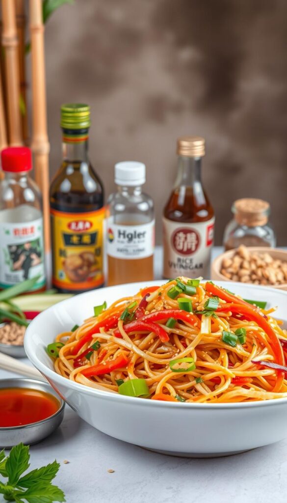 A vibrant and colorful Asian noodle salad is the star of this scene. In the foreground, a large white serving bowl is filled with long, slender noodles tossed in a glossy, sesame-infused dressing, garnished with crisp julienned vegetables like carrots, bell peppers, and scallions. The middle ground features a variety of Asian condiments and seasonings, such as soy sauce, rice vinegar, toasted sesame seeds, and crushed peanuts, arranged neatly alongside the salad bowl. The background is hazy and softly lit, creating a warm, inviting atmosphere, with hints of bamboo, woven textures, and natural wood tones adding to the authentic Asian aesthetic. The overall composition is balanced, visually appealing, and perfectly captures the essence of a refreshing, flavorful Asian noodle salad.