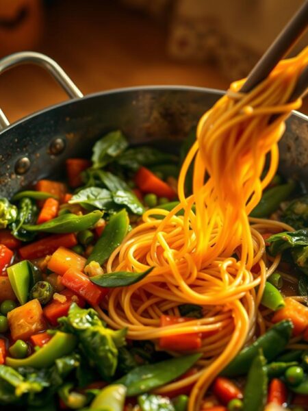 A visually appealing vegetable stir fry simmering in a wok, with vibrant greens, carrots, bell peppers, and snow peas. The noodles are perfectly cooked, twirling among the vegetables in a glistening sauce. The scene is bathed in warm, golden light, casting a cozy, homemade atmosphere. The camera angle is slightly elevated, allowing the viewer to see the delicious details of the dish. The overall composition is balanced, with the wok positioned centrally and the ingredients arranged in an appetizing manner. The mood is one of comfort and wholesome, budget-friendly nourishment.