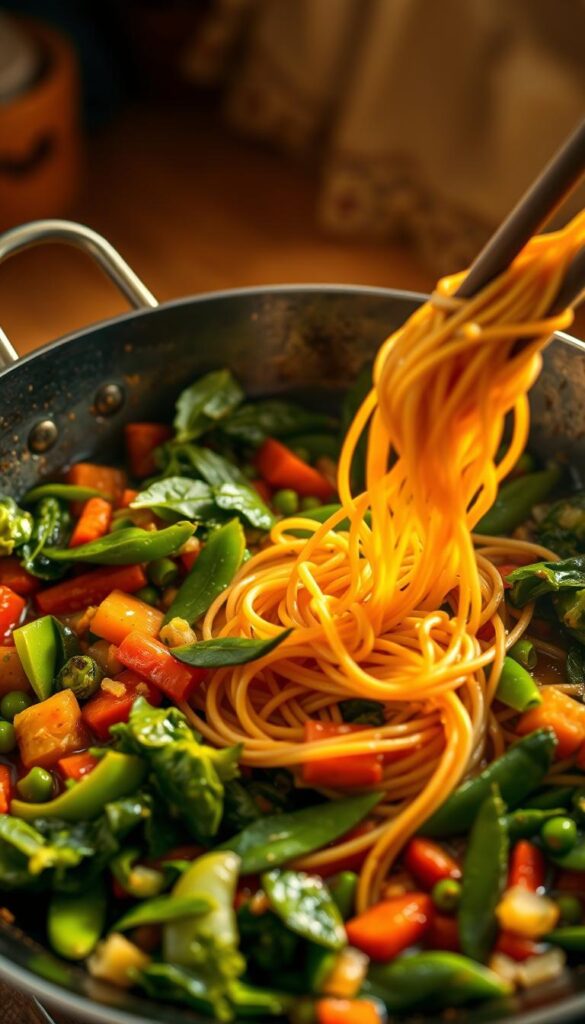 A visually appealing vegetable stir fry simmering in a wok, with vibrant greens, carrots, bell peppers, and snow peas. The noodles are perfectly cooked, twirling among the vegetables in a glistening sauce. The scene is bathed in warm, golden light, casting a cozy, homemade atmosphere. The camera angle is slightly elevated, allowing the viewer to see the delicious details of the dish. The overall composition is balanced, with the wok positioned centrally and the ingredients arranged in an appetizing manner. The mood is one of comfort and wholesome, budget-friendly nourishment.