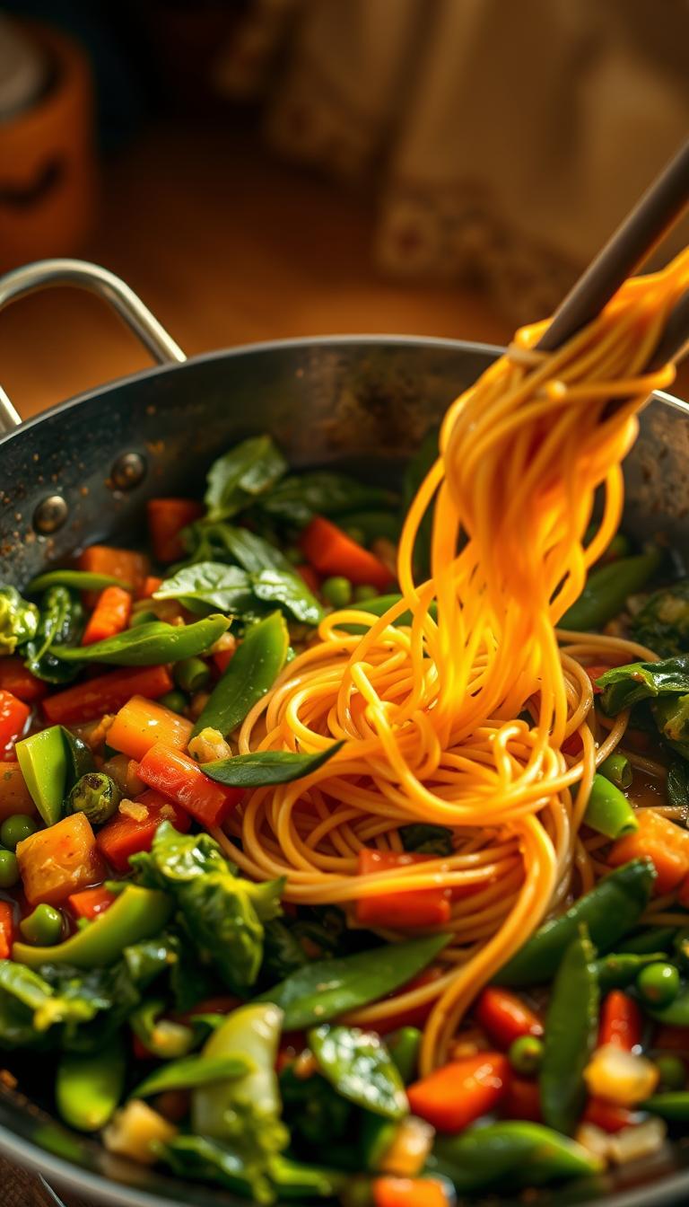 A visually appealing vegetable stir fry simmering in a wok, with vibrant greens, carrots, bell peppers, and snow peas. The noodles are perfectly cooked, twirling among the vegetables in a glistening sauce. The scene is bathed in warm, golden light, casting a cozy, homemade atmosphere. The camera angle is slightly elevated, allowing the viewer to see the delicious details of the dish. The overall composition is balanced, with the wok positioned centrally and the ingredients arranged in an appetizing manner. The mood is one of comfort and wholesome, budget-friendly nourishment.