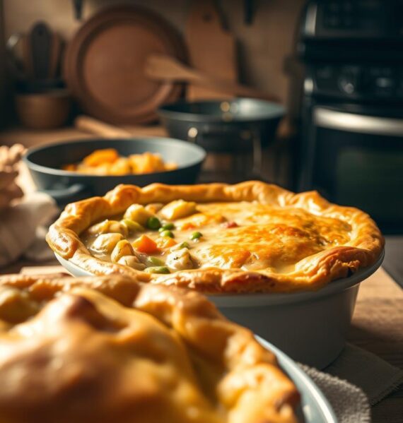 A warm, comforting chicken pot pie, freshly baked with a golden, flaky crust. The foreground features the pie, steam gently rising from the buttery pastry. In the middle ground, a ceramic dish filled with hearty vegetables - tender chunks of chicken, carrots, peas, and potatoes in a creamy, savory sauce. The background shows a cozy kitchen scene, with rustic wooden shelves, a cast-iron skillet, and a vintage oven radiating a soft, amber glow. The lighting is soft and natural, creating a soothing, homey atmosphere. The composition is balanced, with the pot pie taking center stage, inviting the viewer to dive in and savor each bite of this classic comfort food.
