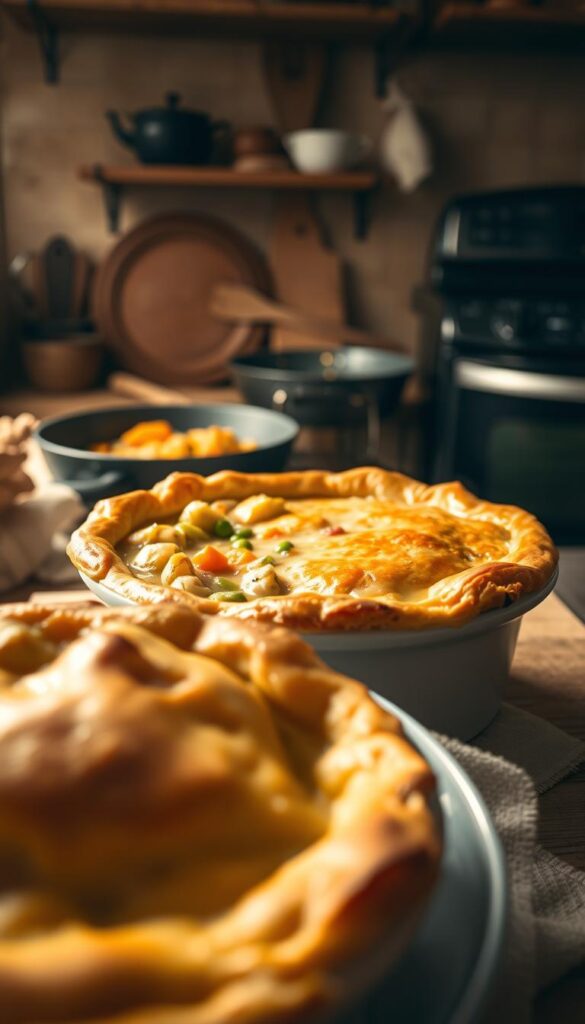 A warm, comforting chicken pot pie, freshly baked with a golden, flaky crust. The foreground features the pie, steam gently rising from the buttery pastry. In the middle ground, a ceramic dish filled with hearty vegetables - tender chunks of chicken, carrots, peas, and potatoes in a creamy, savory sauce. The background shows a cozy kitchen scene, with rustic wooden shelves, a cast-iron skillet, and a vintage oven radiating a soft, amber glow. The lighting is soft and natural, creating a soothing, homey atmosphere. The composition is balanced, with the pot pie taking center stage, inviting the viewer to dive in and savor each bite of this classic comfort food.