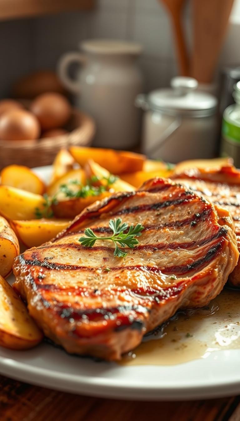 A warm, home-cooked family dinner of perfectly seared pork chops, golden-brown potato wedges, and fresh herbs, shot in a cozy, rustic kitchen setting. Soft natural lighting illuminates the tender, juicy pork and crispy potato slices, inviting the viewer to imagine the delectable aromas and comforting flavors. The composition features the main dish prominently in the foreground, with a slightly blurred background of simple kitchen essentials, conveying a sense of homey, effortless preparation. This image captures the essence of an easy, satisfying pork chop and potato bake, ready to be shared and enjoyed around the family table.