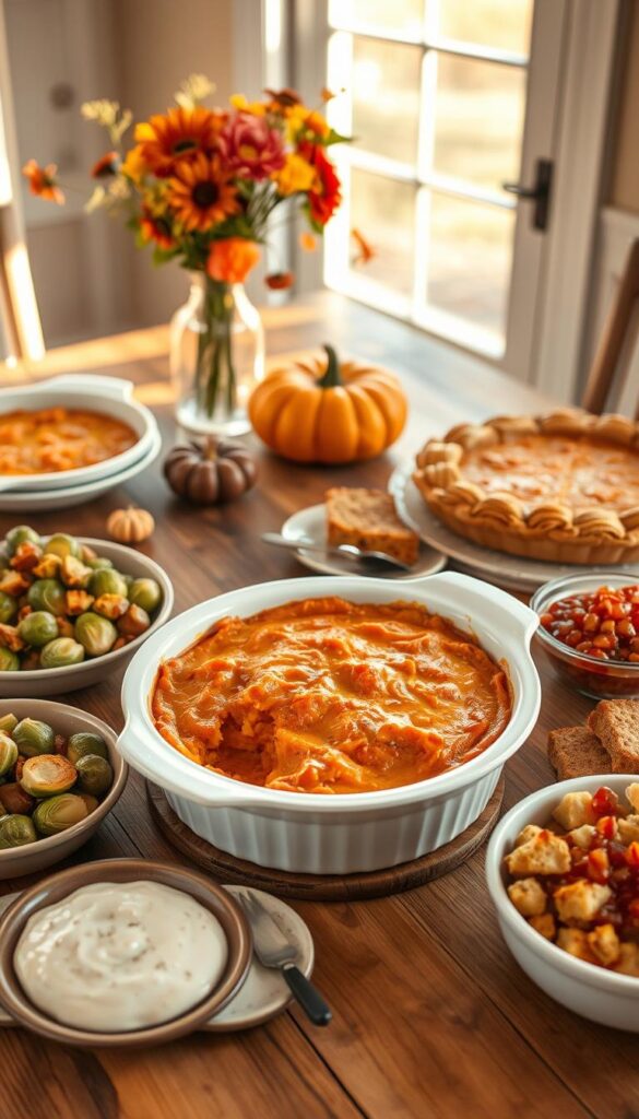 A welcoming Thanksgiving scene featuring a classic Southern Maple Sweet Potato Casserole as the centerpiece. The casserole dish is placed on a rustic wooden table, surrounded by complementary side dishes like roasted Brussels sprouts, cornbread stuffing, and homemade cranberry sauce. Soft, warm lighting filters through the window, casting a golden glow over the scene. In the background, a traditional pumpkin pie and a vase of autumn flowers add to the cozy, inviting atmosphere. The composition emphasizes the abundance and care that goes into a traditional Thanksgiving feast, with each element harmoniously contributing to the overall mouthwatering display.