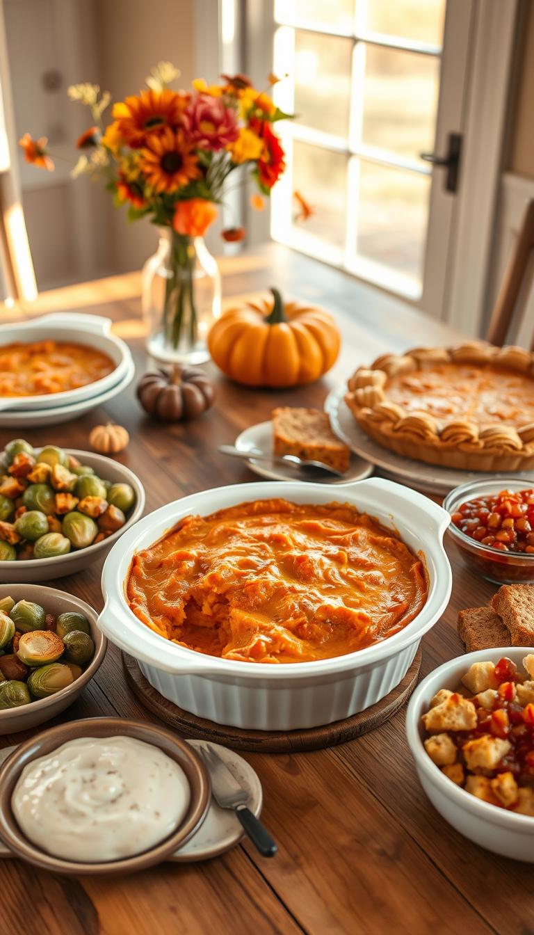 A welcoming Thanksgiving scene featuring a classic Southern Maple Sweet Potato Casserole as the centerpiece. The casserole dish is placed on a rustic wooden table, surrounded by complementary side dishes like roasted Brussels sprouts, cornbread stuffing, and homemade cranberry sauce. Soft, warm lighting filters through the window, casting a golden glow over the scene. In the background, a traditional pumpkin pie and a vase of autumn flowers add to the cozy, inviting atmosphere. The composition emphasizes the abundance and care that goes into a traditional Thanksgiving feast, with each element harmoniously contributing to the overall mouthwatering display.