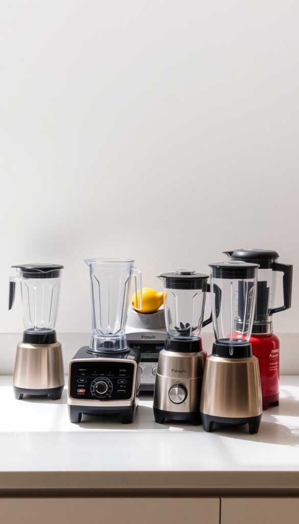 A well-lit kitchen counter with a variety of blender models arranged artfully, showcasing their diverse shapes, sizes, and features. The blenders are positioned against a clean, minimalist background with subtle shadows to create depth and dimension. The lighting is bright yet soft, highlighting the sleek designs and glossy finishes of the appliances. The overall composition conveys a sense of curation and thoughtful presentation, inviting the viewer to explore and compare the options for finding the perfect blender for their culinary needs.