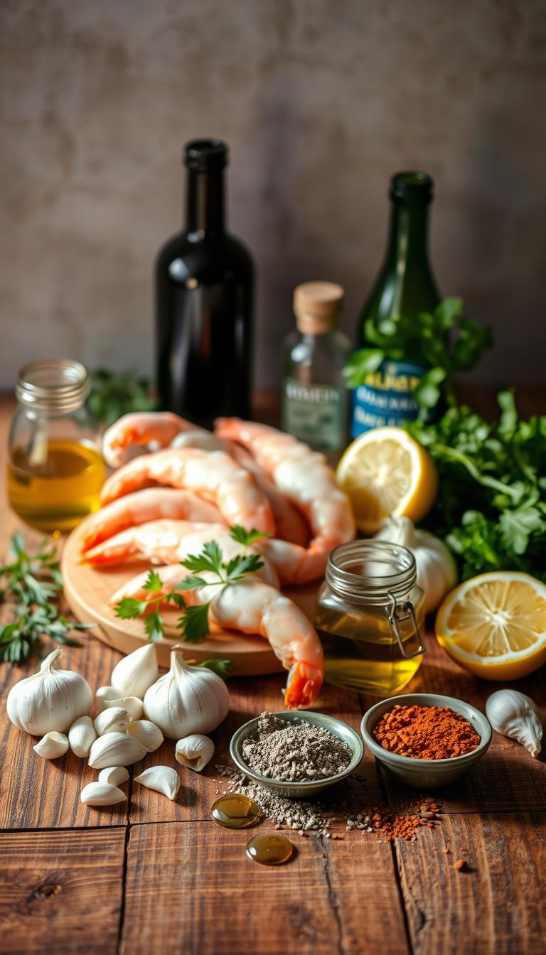 A wooden table set with an array of shrimp marinade ingredients, including fresh herbs, garlic, lemon slices, olive oil, and various spices. The lighting is warm and natural, casting soft shadows and highlights across the scene. The focus is on the marinade components, with a shallow depth of field blurring the background, which features a neutral, textured wall or surface. The overall mood is one of culinary preparation and anticipation, inviting the viewer to imagine the delicious flavors that these simple, homemade marinades will create.