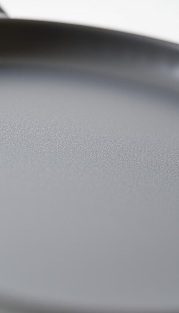 An up-close, highly detailed macro photograph of a nonstick ceramic coating on a cooking surface. The coating has a smooth, glossy, and uniform surface texture, with a subtle sheen that reflects the light. The image is sharply focused, capturing the intricate microscopic patterns and patterns within the coating material. The lighting is soft and diffused, creating a clean, clinical aesthetic that highlights the technical aspects of the material. The background is a neutral gray or white, placing the emphasis solely on the coating itself. The perspective is slightly angled to provide a unique and engaging view of the subject matter, conveying its scientific and technological nature.