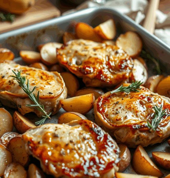 A sheet pan filled with crisp, golden-brown pork chops nestled alongside perfectly roasted potatoes, vegetables, and fresh herbs. The pork chops are seared to perfection, with a light, glistening glaze that catches the warm, even lighting from above. The potatoes are fluffy on the inside and perfectly crispy on the outside, complemented by vibrant, freshly chopped parsley and thyme. The overall scene is inviting and mouthwatering, evoking the comforting aroma of a homemade, wholesome meal. The camera angle is slightly elevated, providing a clean, appetizing view of the delectable dish, ready to be enjoyed.