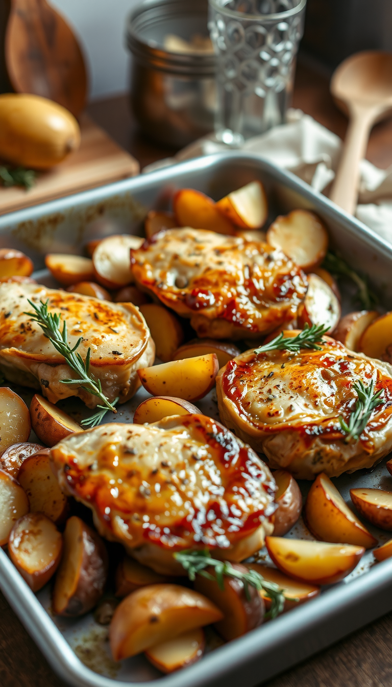 A sheet pan filled with crisp, golden-brown pork chops nestled alongside perfectly roasted potatoes, vegetables, and fresh herbs. The pork chops are seared to perfection, with a light, glistening glaze that catches the warm, even lighting from above. The potatoes are fluffy on the inside and perfectly crispy on the outside, complemented by vibrant, freshly chopped parsley and thyme. The overall scene is inviting and mouthwatering, evoking the comforting aroma of a homemade, wholesome meal. The camera angle is slightly elevated, providing a clean, appetizing view of the delectable dish, ready to be enjoyed.