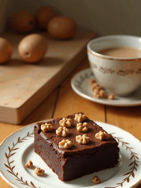Square chocolate brownie topped with walnuts served on a decorative plate beside a cup of coffee and brown eggs on a wooden table.