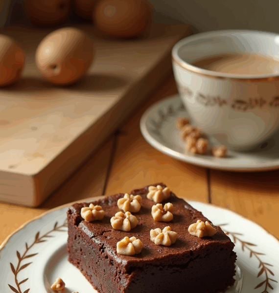 Square chocolate brownie topped with walnuts served on a decorative plate beside a cup of coffee and brown eggs on a wooden table.