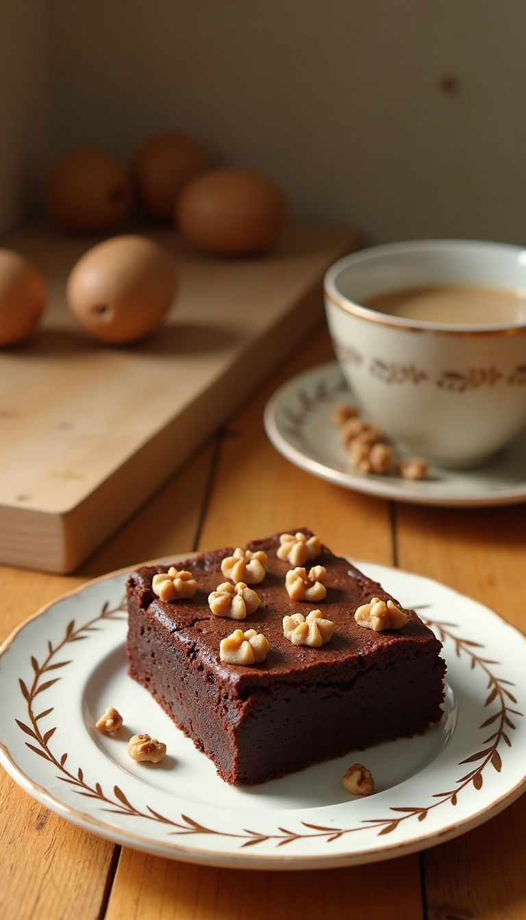 Square chocolate brownie topped with walnuts served on a decorative plate beside a cup of coffee and brown eggs on a wooden table.