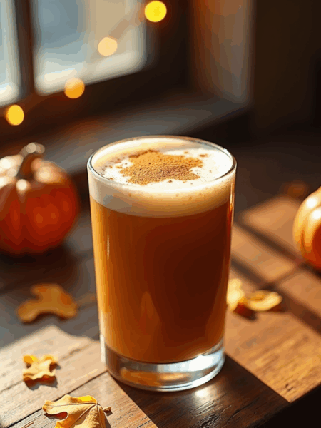 Pumpkin spice latte in a glass topped with cinnamon, surrounded by autumn leaves and mini pumpkins on a wooden table.