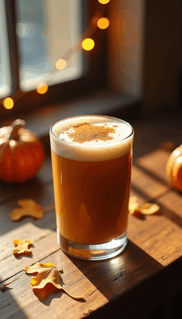 Pumpkin spice latte in a glass topped with cinnamon, surrounded by autumn leaves and mini pumpkins on a wooden table.