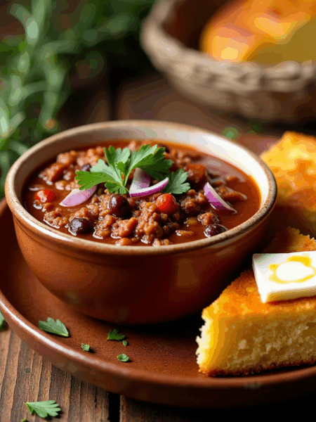 Easy homemade chili recipe served with cornbread