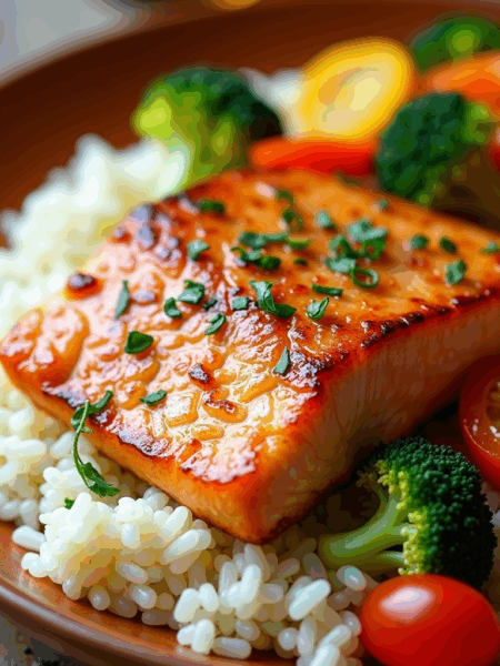 Easy honey garlic salmon served with rice and steamed vegetables