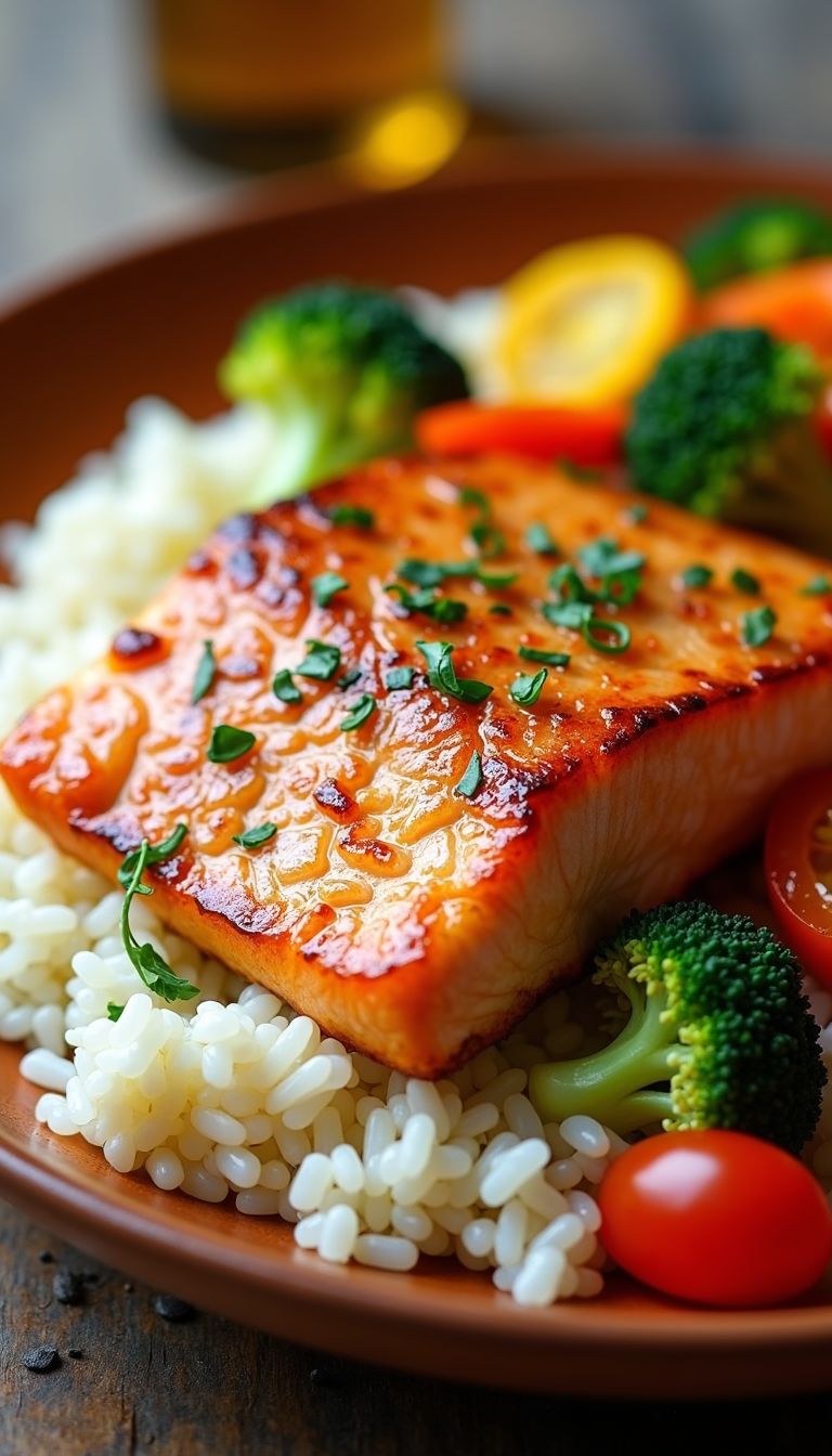 Easy honey garlic salmon served with rice and steamed vegetables