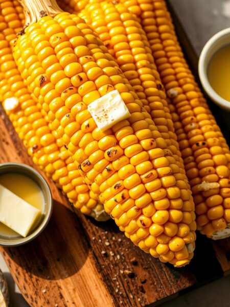 Buttery corn on the cob, freshly grilled, glistening under warm, golden sunlight. The juicy kernels arranged in perfect rows, their vibrant yellow hues contrasted by the rich, creamy butter that gently coats each one. The cobs are nestled on a rustic wooden board, accompanied by a small dish of melted butter and a sprinkling of salt. The scene is framed by a simple, neutral background, allowing the delicious, appetizing side dish to take center stage. The overall mood is one of casual, homemade elegance, inviting the viewer to imagine the satisfying crunch and flavor of this classic summer side.