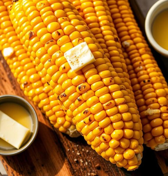 Buttery corn on the cob, freshly grilled, glistening under warm, golden sunlight. The juicy kernels arranged in perfect rows, their vibrant yellow hues contrasted by the rich, creamy butter that gently coats each one. The cobs are nestled on a rustic wooden board, accompanied by a small dish of melted butter and a sprinkling of salt. The scene is framed by a simple, neutral background, allowing the delicious, appetizing side dish to take center stage. The overall mood is one of casual, homemade elegance, inviting the viewer to imagine the satisfying crunch and flavor of this classic summer side.