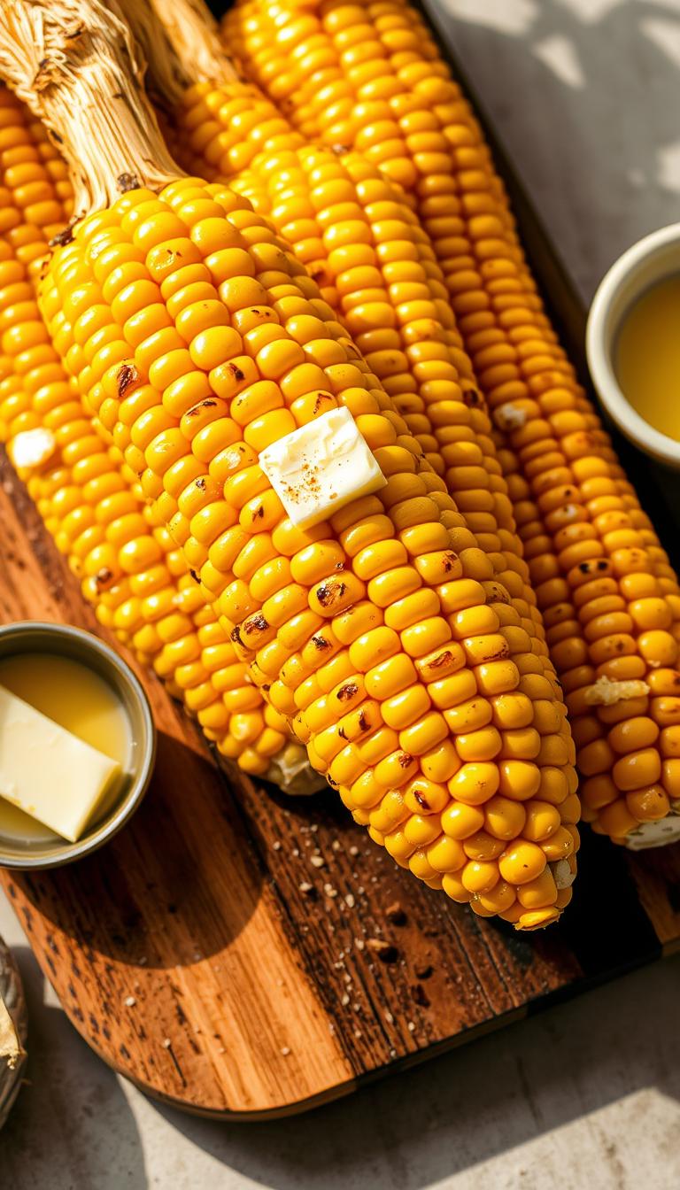 Buttery corn on the cob, freshly grilled, glistening under warm, golden sunlight. The juicy kernels arranged in perfect rows, their vibrant yellow hues contrasted by the rich, creamy butter that gently coats each one. The cobs are nestled on a rustic wooden board, accompanied by a small dish of melted butter and a sprinkling of salt. The scene is framed by a simple, neutral background, allowing the delicious, appetizing side dish to take center stage. The overall mood is one of casual, homemade elegance, inviting the viewer to imagine the satisfying crunch and flavor of this classic summer side.