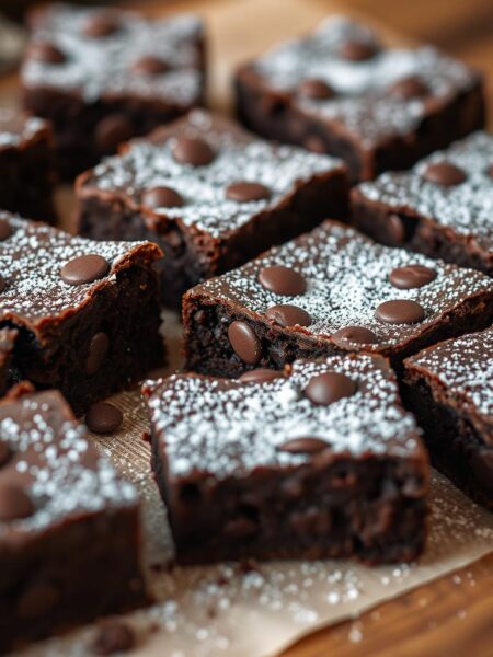 Delectable espresso brownies, freshly baked with a rich, fudgy texture. Close-up shot showcasing the deep, dark chocolate hue, dotted with glistening espresso chips. Soft, moist interior revealed as a slice is pulled apart, revealing the intense coffee aroma. Arrangement on a rustic wooden surface, complemented by a sprinkling of powdered sugar for a touch of sweetness. Warm, golden lighting casts a cozy, inviting glow, highlighting the tempting appearance of these decadent treats. Tilt-shift lens blurs the background, keeping the focus solely on the irresistible espresso brownies.