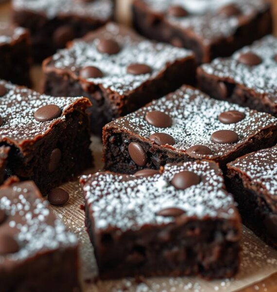 Delectable espresso brownies, freshly baked with a rich, fudgy texture. Close-up shot showcasing the deep, dark chocolate hue, dotted with glistening espresso chips. Soft, moist interior revealed as a slice is pulled apart, revealing the intense coffee aroma. Arrangement on a rustic wooden surface, complemented by a sprinkling of powdered sugar for a touch of sweetness. Warm, golden lighting casts a cozy, inviting glow, highlighting the tempting appearance of these decadent treats. Tilt-shift lens blurs the background, keeping the focus solely on the irresistible espresso brownies.