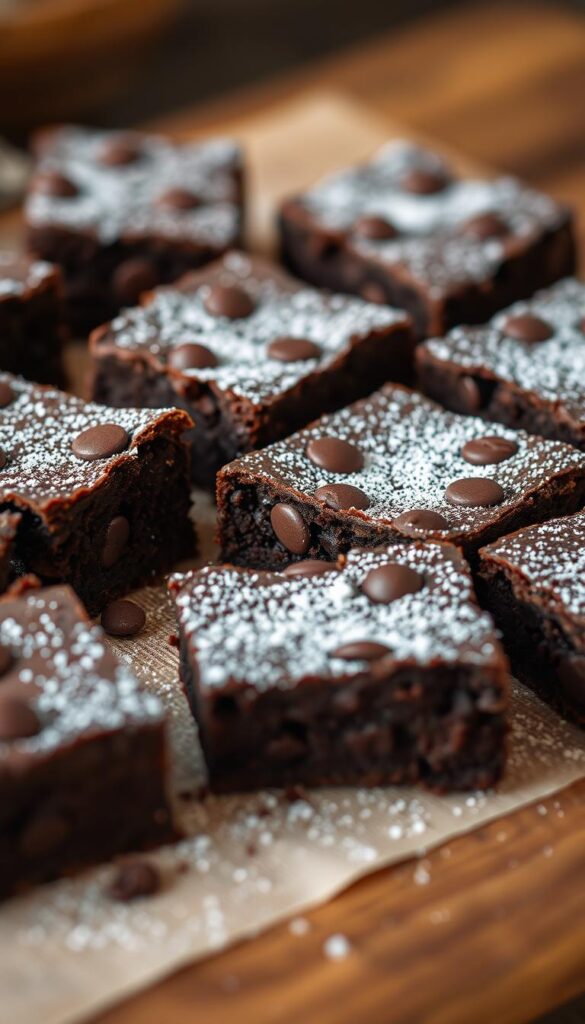 Delectable espresso brownies, freshly baked with a rich, fudgy texture. Close-up shot showcasing the deep, dark chocolate hue, dotted with glistening espresso chips. Soft, moist interior revealed as a slice is pulled apart, revealing the intense coffee aroma. Arrangement on a rustic wooden surface, complemented by a sprinkling of powdered sugar for a touch of sweetness. Warm, golden lighting casts a cozy, inviting glow, highlighting the tempting appearance of these decadent treats. Tilt-shift lens blurs the background, keeping the focus solely on the irresistible espresso brownies.