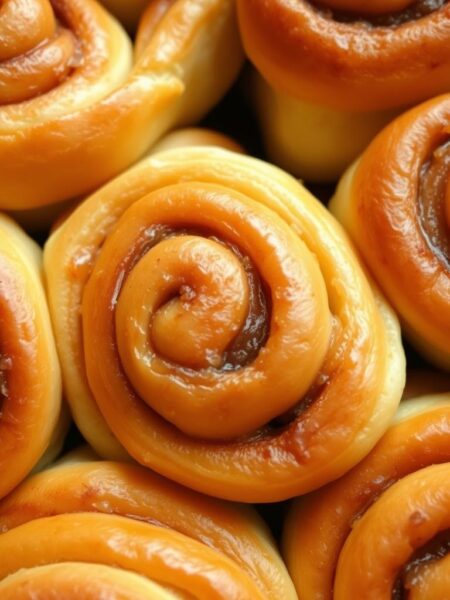 Delicate, golden-brown cinnamon rolls, their swirling layers glistening with a glossy, buttery sheen. Plump, softly risen dough envelopes a luscious filling of cinnamon-spiced sugar, coalescing into a mouthwatering spiral. Baked to perfection under warm, diffused lighting, casting a comforting glow. Captured in a tight, close-up frame that highlights the intricate textures and tantalizing details. The scene exudes a homey, inviting atmosphere, evoking the sights and smells of a classic Cinnabon bakery.