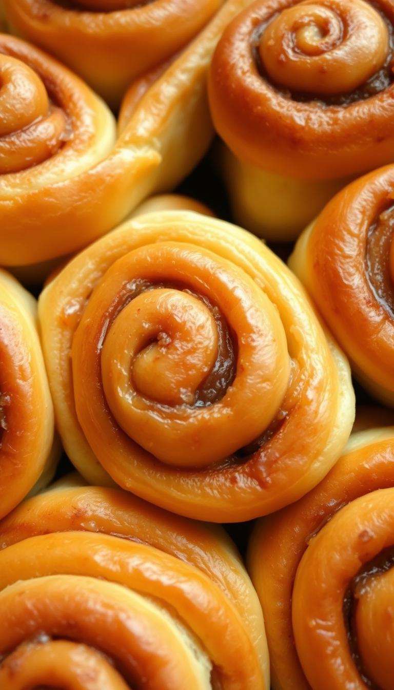 Delicate, golden-brown cinnamon rolls, their swirling layers glistening with a glossy, buttery sheen. Plump, softly risen dough envelopes a luscious filling of cinnamon-spiced sugar, coalescing into a mouthwatering spiral. Baked to perfection under warm, diffused lighting, casting a comforting glow. Captured in a tight, close-up frame that highlights the intricate textures and tantalizing details. The scene exudes a homey, inviting atmosphere, evoking the sights and smells of a classic Cinnabon bakery.
