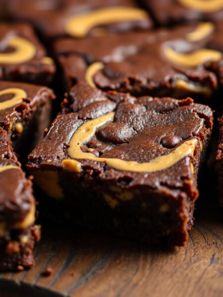 Freshly baked chewy peanut butter brownies, their rich, fudgy texture studded with swirls of creamy peanut butter. A close-up shot highlights the tempting crackled top and moist, gooey interior. Soft, indirect lighting casts a warm, inviting glow, drawing the viewer's attention to the sumptuous brownies presented on a rustic wooden surface. Shadows and highlights accentuate the decadent layers, while a shallow depth of field blurs the background, keeping the focus solely on the irresistible treat.