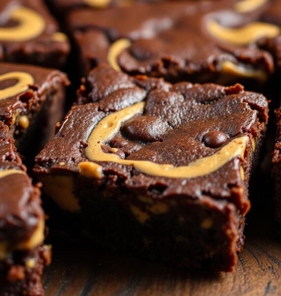Freshly baked chewy peanut butter brownies, their rich, fudgy texture studded with swirls of creamy peanut butter. A close-up shot highlights the tempting crackled top and moist, gooey interior. Soft, indirect lighting casts a warm, inviting glow, drawing the viewer's attention to the sumptuous brownies presented on a rustic wooden surface. Shadows and highlights accentuate the decadent layers, while a shallow depth of field blurs the background, keeping the focus solely on the irresistible treat.