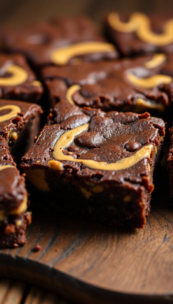 Freshly baked chewy peanut butter brownies, their rich, fudgy texture studded with swirls of creamy peanut butter. A close-up shot highlights the tempting crackled top and moist, gooey interior. Soft, indirect lighting casts a warm, inviting glow, drawing the viewer's attention to the sumptuous brownies presented on a rustic wooden surface. Shadows and highlights accentuate the decadent layers, while a shallow depth of field blurs the background, keeping the focus solely on the irresistible treat.