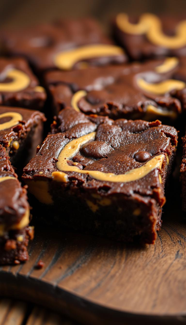 Freshly baked chewy peanut butter brownies, their rich, fudgy texture studded with swirls of creamy peanut butter. A close-up shot highlights the tempting crackled top and moist, gooey interior. Soft, indirect lighting casts a warm, inviting glow, drawing the viewer's attention to the sumptuous brownies presented on a rustic wooden surface. Shadows and highlights accentuate the decadent layers, while a shallow depth of field blurs the background, keeping the focus solely on the irresistible treat.