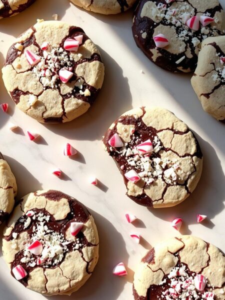 Freshly baked peppermint bark cookies sit atop a white marble surface, their crackled tops dusted with a layer of fine crushed candy canes. The cookies are arranged in a casual, artful manner, casting soft shadows that add depth and dimension. Shards of dark chocolate and swirls of white chocolate peeking through the peppermint pieces create a visually striking, festive contrast. The scene is illuminated by a warm, natural light, casting a cozy glow and highlighting the cookies' delicate texture. The overall mood is one of holiday cheer and homemade indulgence, inviting the viewer to imagine the satisfying crunch and minty-sweet flavor of these delectable treats.