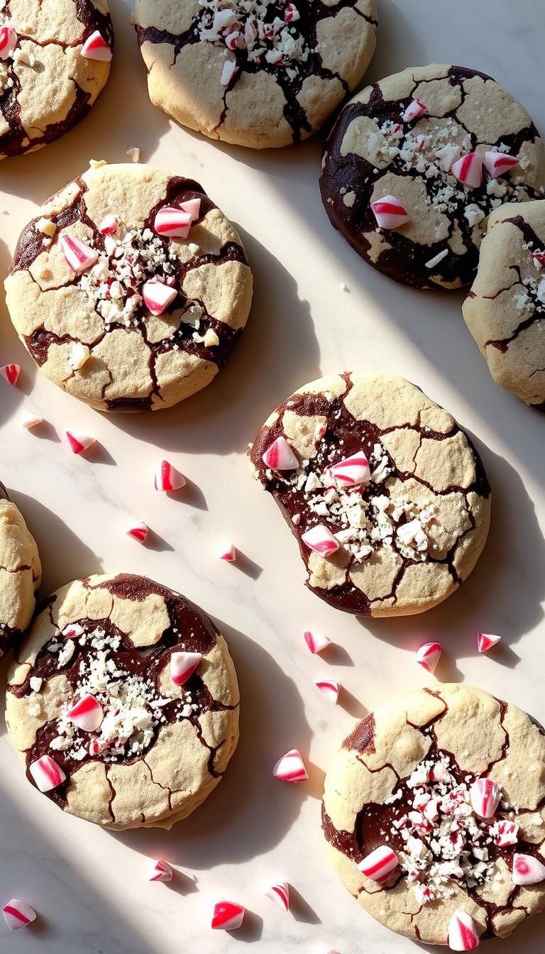Freshly baked peppermint bark cookies sit atop a white marble surface, their crackled tops dusted with a layer of fine crushed candy canes. The cookies are arranged in a casual, artful manner, casting soft shadows that add depth and dimension. Shards of dark chocolate and swirls of white chocolate peeking through the peppermint pieces create a visually striking, festive contrast. The scene is illuminated by a warm, natural light, casting a cozy glow and highlighting the cookies' delicate texture. The overall mood is one of holiday cheer and homemade indulgence, inviting the viewer to imagine the satisfying crunch and minty-sweet flavor of these delectable treats.