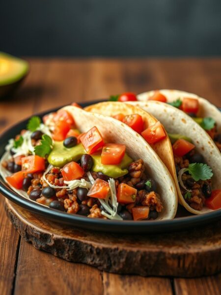 High-quality, detailed image of a plate of vegan black bean tacos, featuring soft tortillas filled with a spicy black bean mixture, garnished with diced tomatoes, shredded lettuce, and a drizzle of creamy avocado sauce. The tacos are arranged neatly on a rustic wooden table, with a minimalist background highlighting the vibrant colors and textures of the dish. Warm, diffused lighting casts a cozy, inviting atmosphere, emphasizing the appetizing nature of the vegan tacos. Photographed from a slightly elevated angle, showcasing the delectable filling and toppings in an enticing, mouth-watering manner.