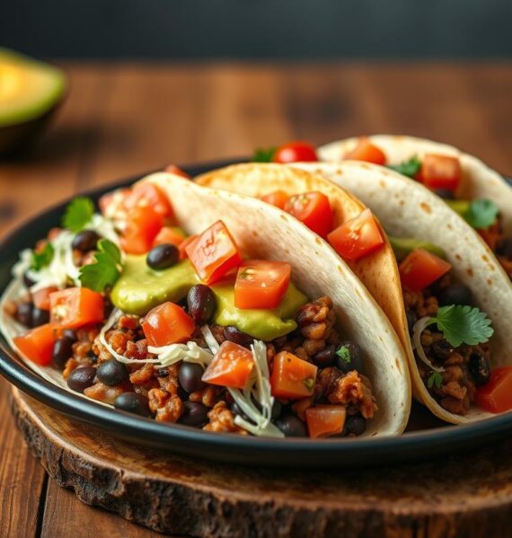 High-quality, detailed image of a plate of vegan black bean tacos, featuring soft tortillas filled with a spicy black bean mixture, garnished with diced tomatoes, shredded lettuce, and a drizzle of creamy avocado sauce. The tacos are arranged neatly on a rustic wooden table, with a minimalist background highlighting the vibrant colors and textures of the dish. Warm, diffused lighting casts a cozy, inviting atmosphere, emphasizing the appetizing nature of the vegan tacos. Photographed from a slightly elevated angle, showcasing the delectable filling and toppings in an enticing, mouth-watering manner.