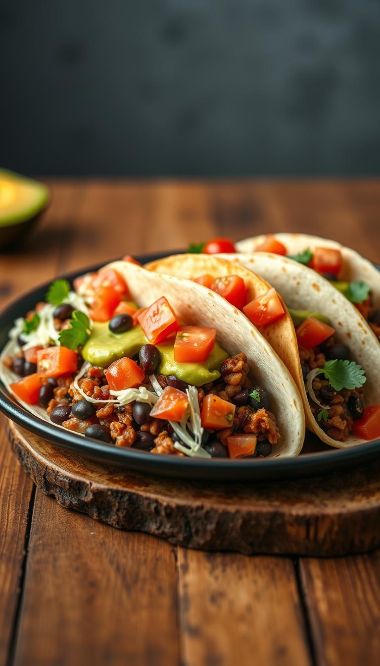 High-quality, detailed image of a plate of vegan black bean tacos, featuring soft tortillas filled with a spicy black bean mixture, garnished with diced tomatoes, shredded lettuce, and a drizzle of creamy avocado sauce. The tacos are arranged neatly on a rustic wooden table, with a minimalist background highlighting the vibrant colors and textures of the dish. Warm, diffused lighting casts a cozy, inviting atmosphere, emphasizing the appetizing nature of the vegan tacos. Photographed from a slightly elevated angle, showcasing the delectable filling and toppings in an enticing, mouth-watering manner.
