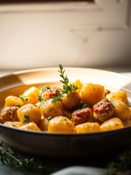 Mouth-watering vegetarian Thanksgiving feast: a creamy, golden butternut squash gnocchi with sausage-style plant-based protein, fresh thyme, and a hint of nutmeg. Soft, pillowy gnocchi nestled in a rich, velvety sauce, garnished with vibrant greens. Natural lighting from an overhead window casts a warm, cozy glow, highlighting the enticing textures and colors. The scene is set against a neutral background, allowing the dish to take center stage. An elegant, yet comforting autumnal meal, perfect for the holiday season.