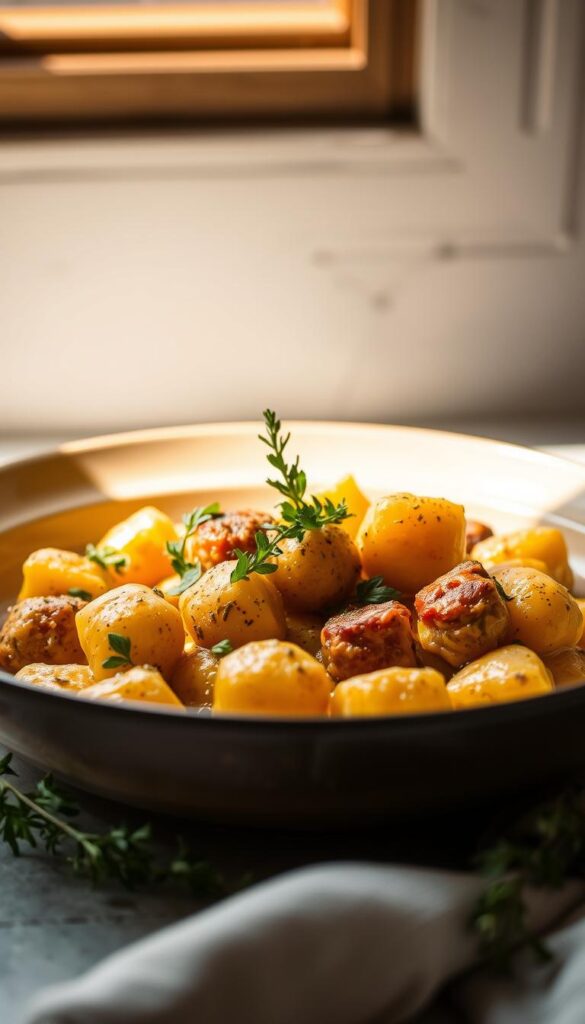 Mouth-watering vegetarian Thanksgiving feast: a creamy, golden butternut squash gnocchi with sausage-style plant-based protein, fresh thyme, and a hint of nutmeg. Soft, pillowy gnocchi nestled in a rich, velvety sauce, garnished with vibrant greens. Natural lighting from an overhead window casts a warm, cozy glow, highlighting the enticing textures and colors. The scene is set against a neutral background, allowing the dish to take center stage. An elegant, yet comforting autumnal meal, perfect for the holiday season.