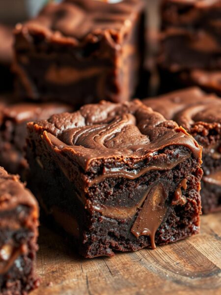 Mouthwatering Nutella brownies, swirled with rich chocolate hazelnut spread, baked to perfection. A sumptuous close-up view, capturing the decadent layers - the crackly top, the fudgy interior, and the gooey Nutella ribbons. Soft, indulgent lighting illuminates the tempting texture, inviting the viewer to sink their teeth into the irresistible treat. Captured at a flattering angle, showcasing the dessert's luxurious appearance and tantalizing appeal. The brownies are presented on a rustic wooden surface, evoking a homemade, comforting vibe. An atmosphere of indulgence and satisfaction surrounds this visually stunning, high-quality image.