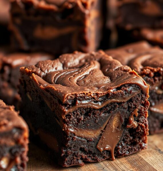 Mouthwatering Nutella brownies, swirled with rich chocolate hazelnut spread, baked to perfection. A sumptuous close-up view, capturing the decadent layers - the crackly top, the fudgy interior, and the gooey Nutella ribbons. Soft, indulgent lighting illuminates the tempting texture, inviting the viewer to sink their teeth into the irresistible treat. Captured at a flattering angle, showcasing the dessert's luxurious appearance and tantalizing appeal. The brownies are presented on a rustic wooden surface, evoking a homemade, comforting vibe. An atmosphere of indulgence and satisfaction surrounds this visually stunning, high-quality image.