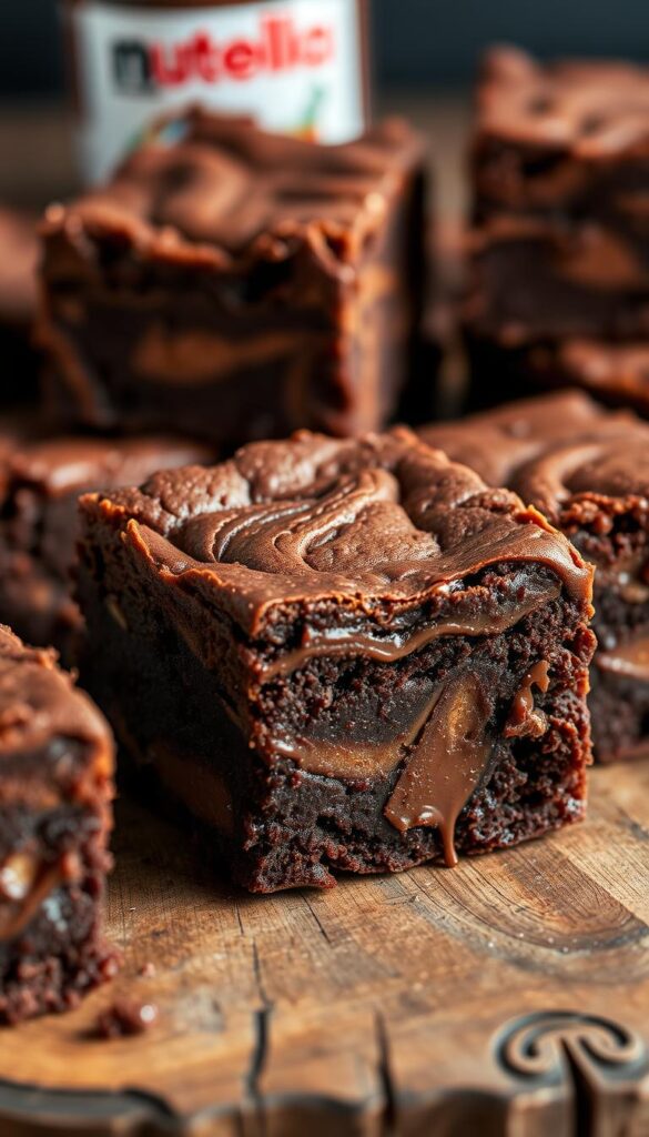 Mouthwatering Nutella brownies, swirled with rich chocolate hazelnut spread, baked to perfection. A sumptuous close-up view, capturing the decadent layers - the crackly top, the fudgy interior, and the gooey Nutella ribbons. Soft, indulgent lighting illuminates the tempting texture, inviting the viewer to sink their teeth into the irresistible treat. Captured at a flattering angle, showcasing the dessert's luxurious appearance and tantalizing appeal. The brownies are presented on a rustic wooden surface, evoking a homemade, comforting vibe. An atmosphere of indulgence and satisfaction surrounds this visually stunning, high-quality image.
