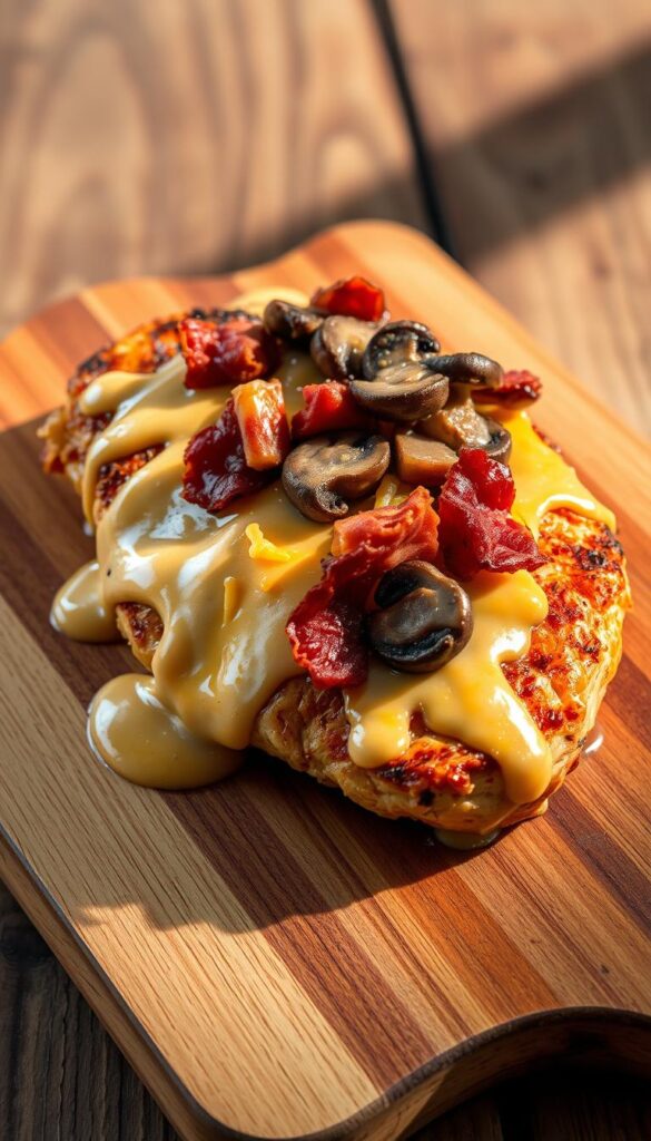 Outback Steakhouse Alice Springs Chicken, a succulent grilled chicken breast topped with a creamy honey mustard sauce, crispy bacon, sautéed mushrooms, and melted Monterey Jack and cheddar cheeses. The chicken is beautifully presented on a wooden cutting board, with a warm, golden-brown exterior and a juicy, tender interior. The arrangement is lit by soft, natural light, casting gentle shadows and highlighting the glistening sauce and molten cheese. The background features a rustic, weathered wood texture, evoking the casual, down-to-earth ambiance of the Outback Steakhouse brand. The overall composition is visually appealing, making the dish look as delicious as it tastes.